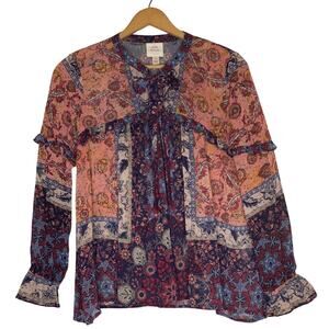 Knox Rose Boho Sheer Peasant Blouse‎ with Ruffle Cuffs S